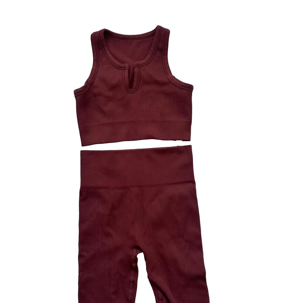 Burgundy Ribbed Crop Top & Leggings Set, Small